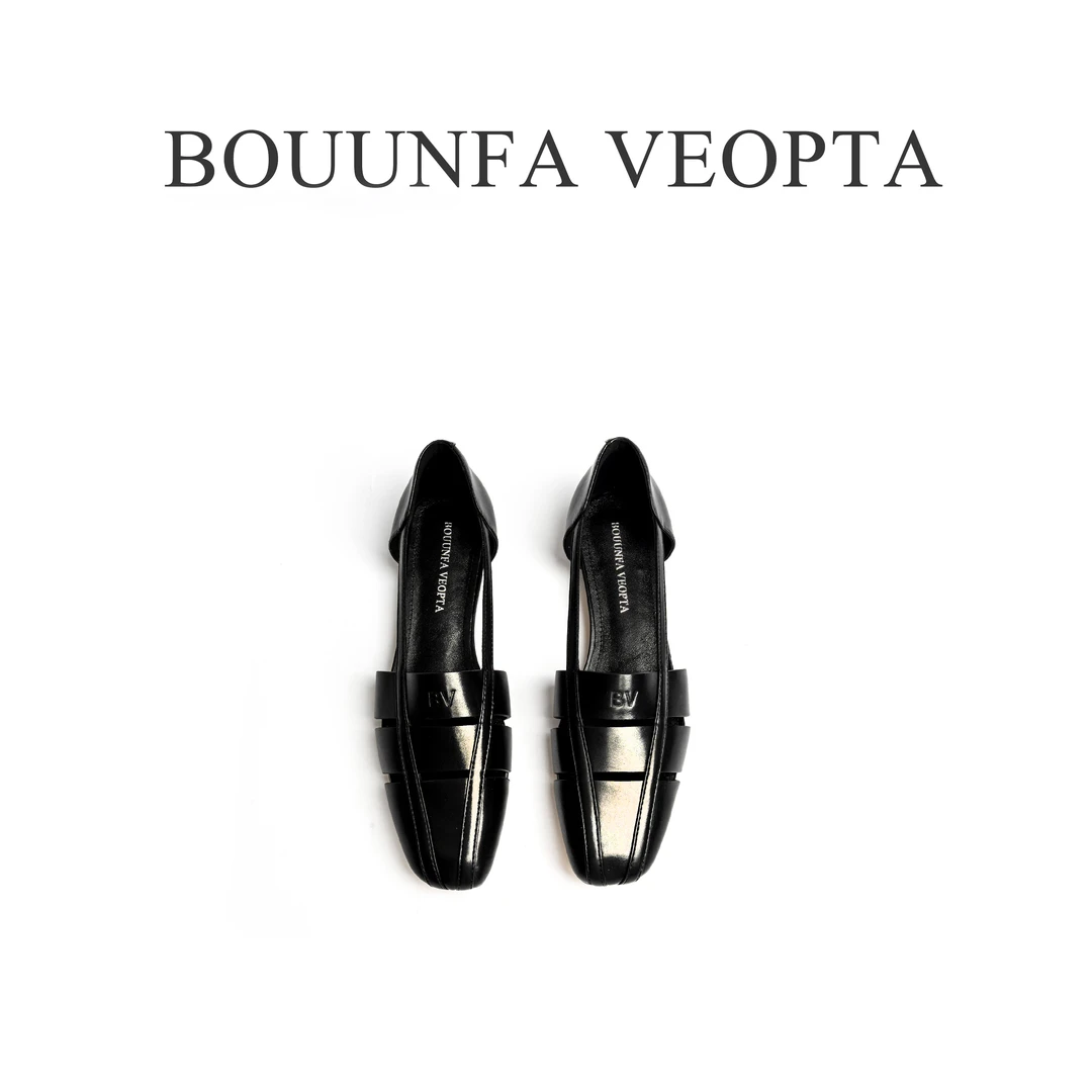 BOUUNFA VEOPTA时尚百搭女士黑色方头气质罗马风镂空小单鞋女鞋30
