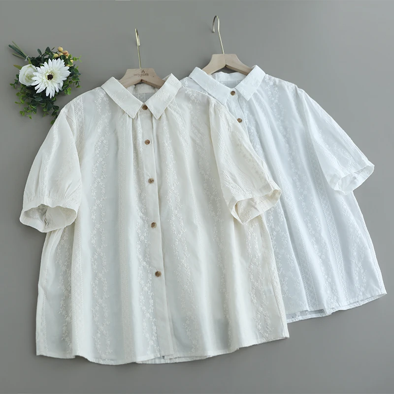 夏季新款森系复古木扣重工刺绣文艺百搭纯色圆领短袖蕾丝衬衫小衫