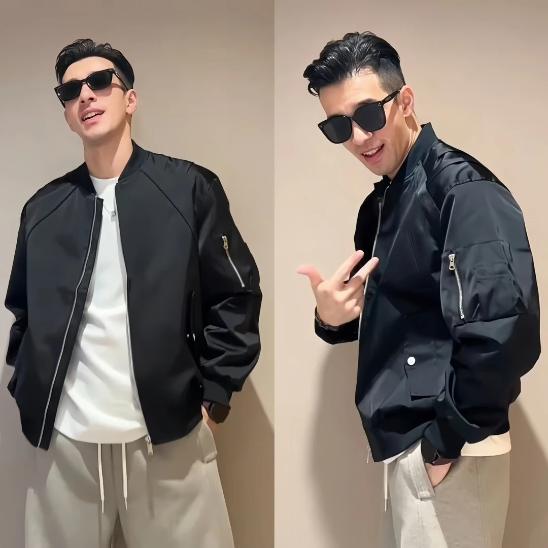 秋季新款美式休闲男士夹克简约韩版棒球领拼接潮流飞行员工装外套