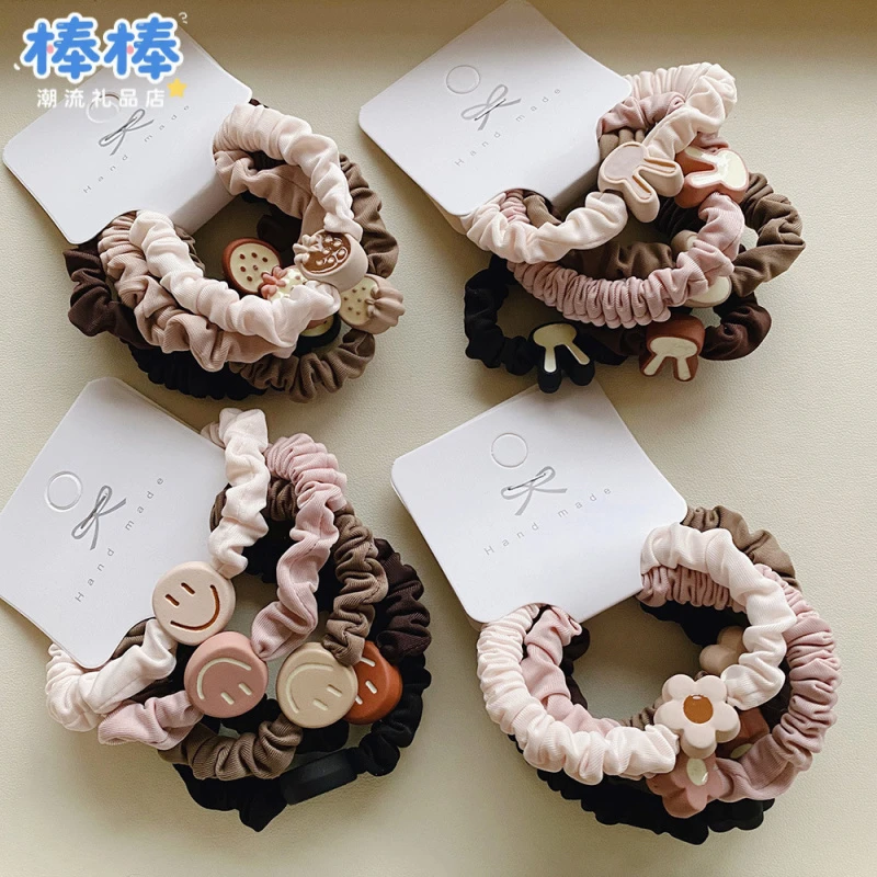 5件奶茶色系冰丝大肠发圈高弹力不伤发扎头发皮筋时尚头绳发绳