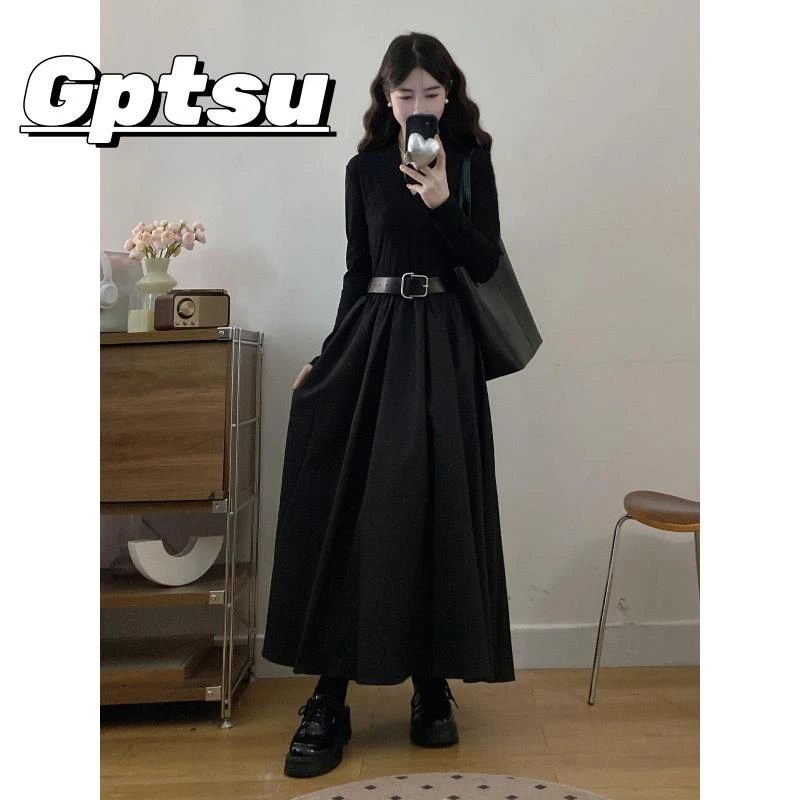 GPTSu高级感黑色领正肩长袖连衣裙秋季大码微胖收腰赫本风裙子