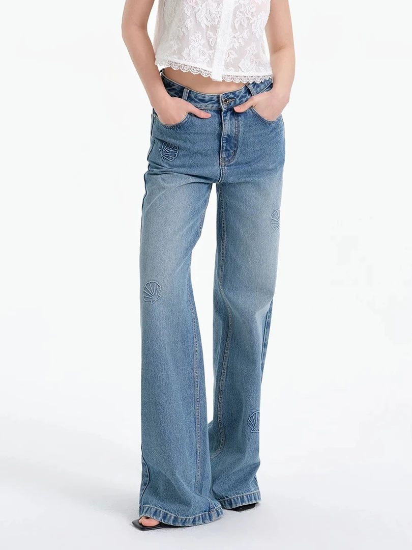 ROCHAROMA复古立体贝壳烫花牛仔裤女直筒长裤