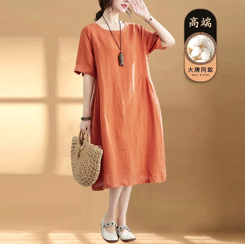 2025夏季新款纯色韩版宽松大码女装洋气圆领棉麻打底显瘦连衣裙子