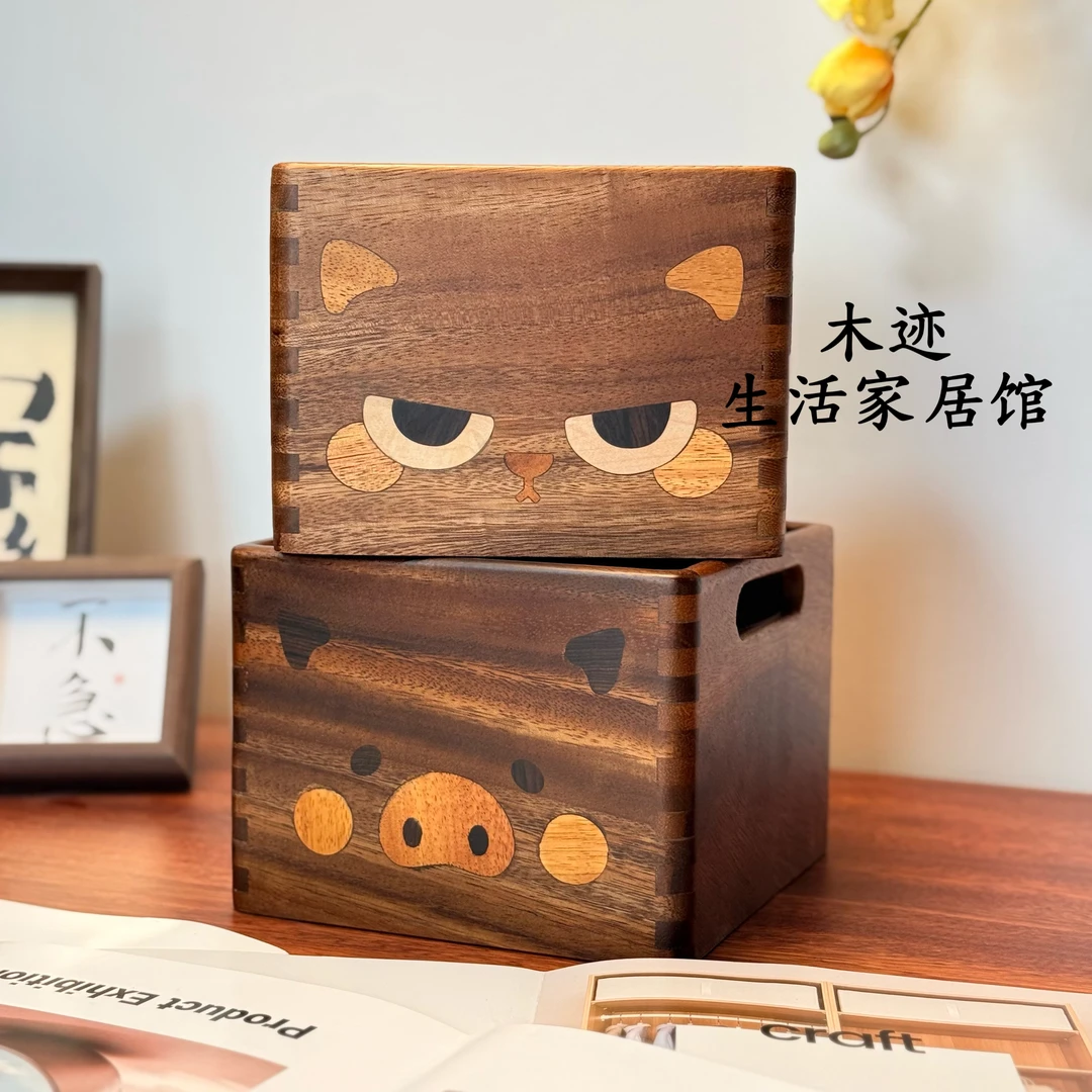 【加大加厚】南美胡桃木可爱猪坏坏猫百纳盒20*20*15cm