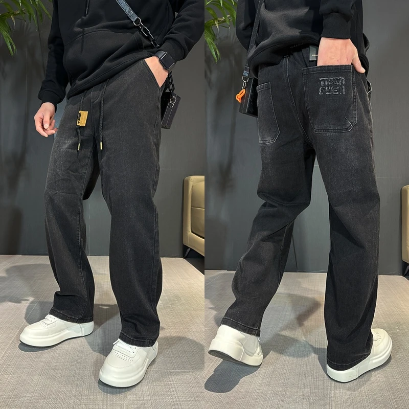 秋季新款潮牌阔腿牛仔裤男宽松大码休闲直筒裤百搭秋冬长裤子男款