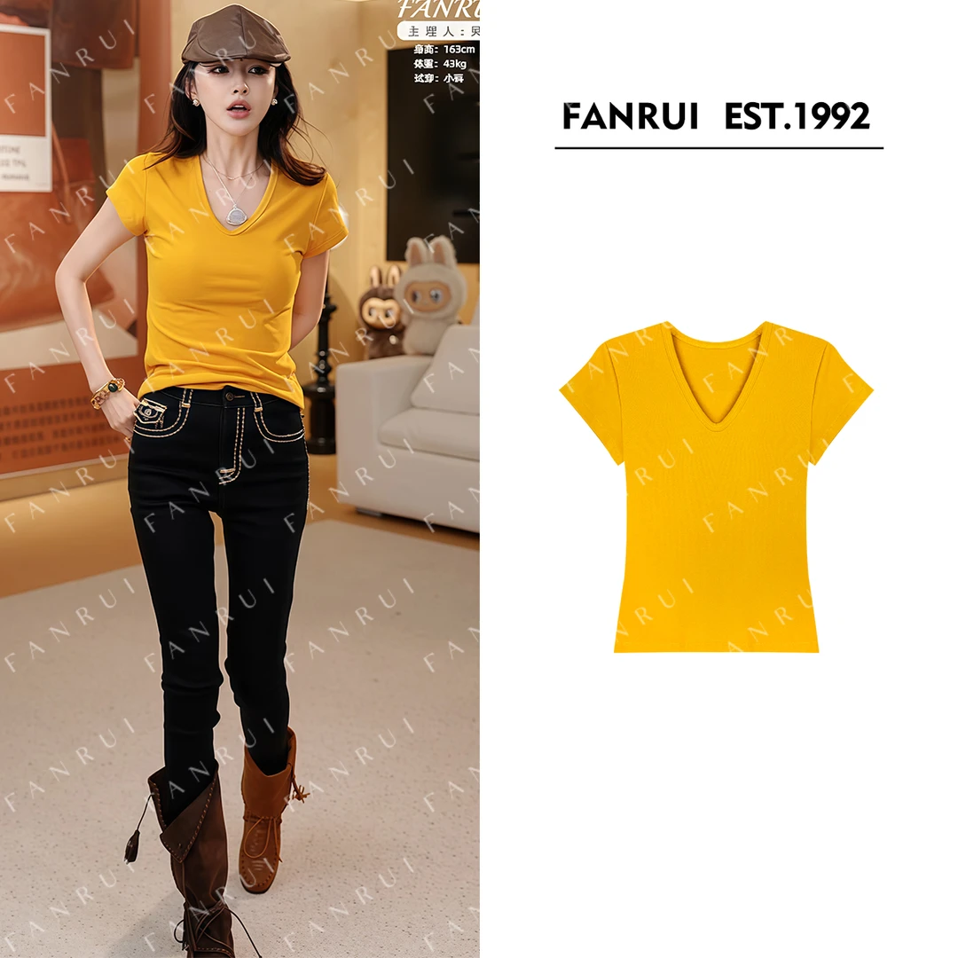 双11专属「惬意」v领气质百搭显瘦简约休闲设计感短袖t恤B17644