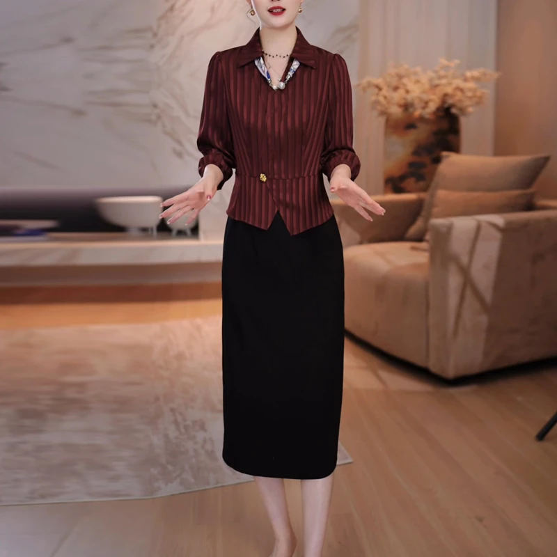 条纹时尚干练职场简约连衣裙女2025新款显瘦遮肉假两件中长款裙子