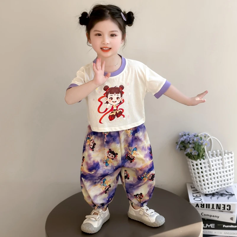 女童夏季套装2025新款儿童洋气哪吒短袖防蚊裤两件套女宝宝夏装潮