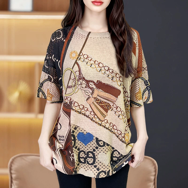 欧洲站气质烫钻棉麻短袖t恤女印花圆领宽松显瘦洋气大码针织衫女