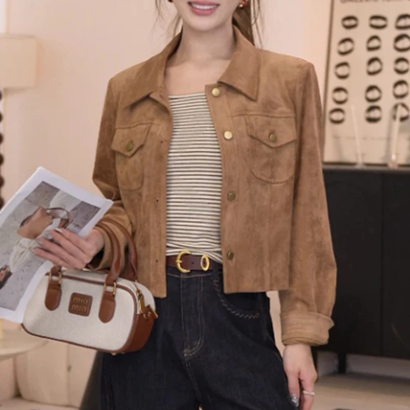 美拉德复古时尚翻领短外套女2025春秋新款宽松休闲百搭小个子上衣