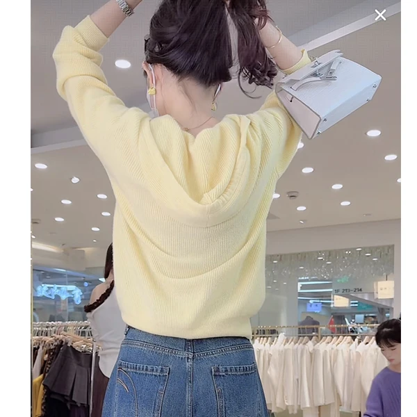 长袖连帽宽松针织衫女装韩版法式百搭薄款秋季打底衫上衣X0231