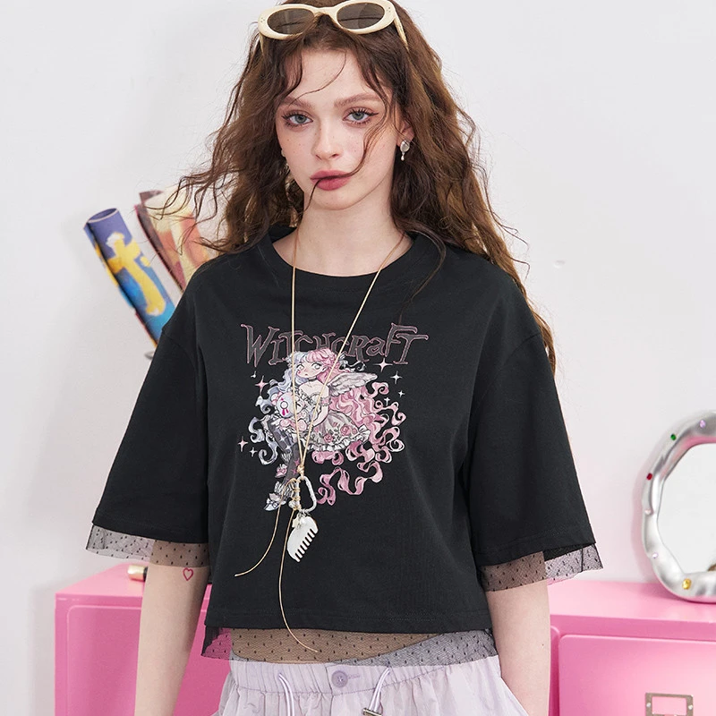 5098【赵老板】妖精的口袋印花短袖网纱拼接T恤甜辣短款上衣潮