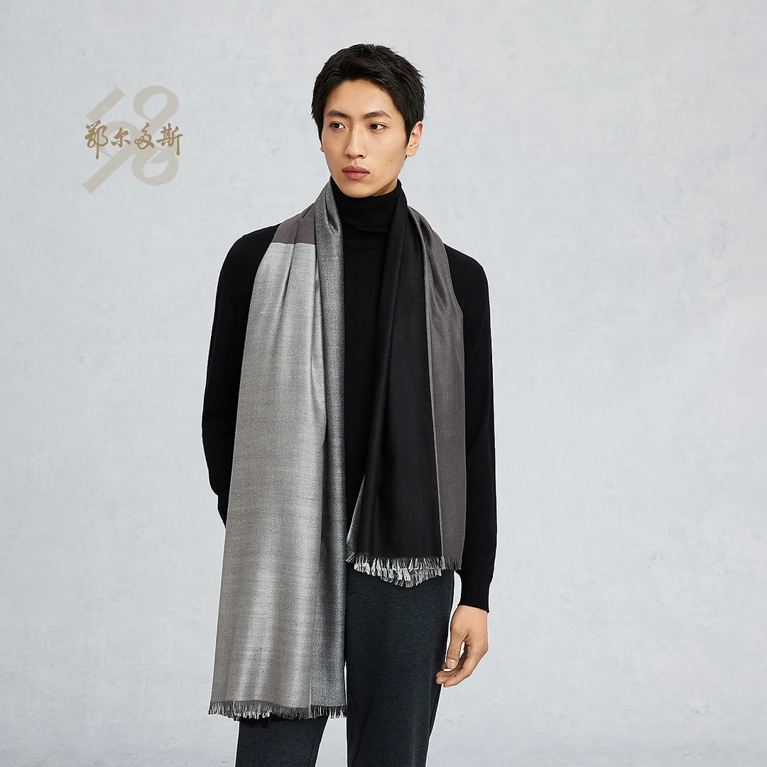 鄂尔多斯1980 羊绒桑蚕丝长款披肩男休闲通勤针织披肩25早春