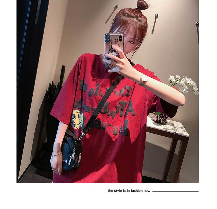 甜美可爱风格衣服大红色短袖t恤女夏欧货字母印花宽松中长款上衣