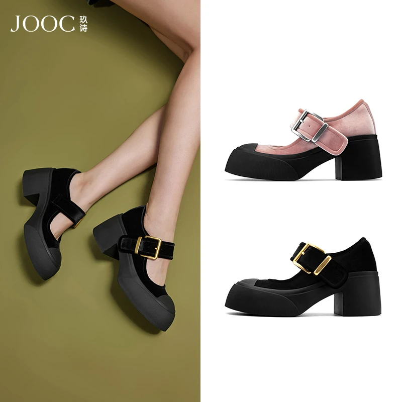 【复古少女】JOOC玖诗粗跟玛丽珍鞋女春季新款一字带浅口女鞋