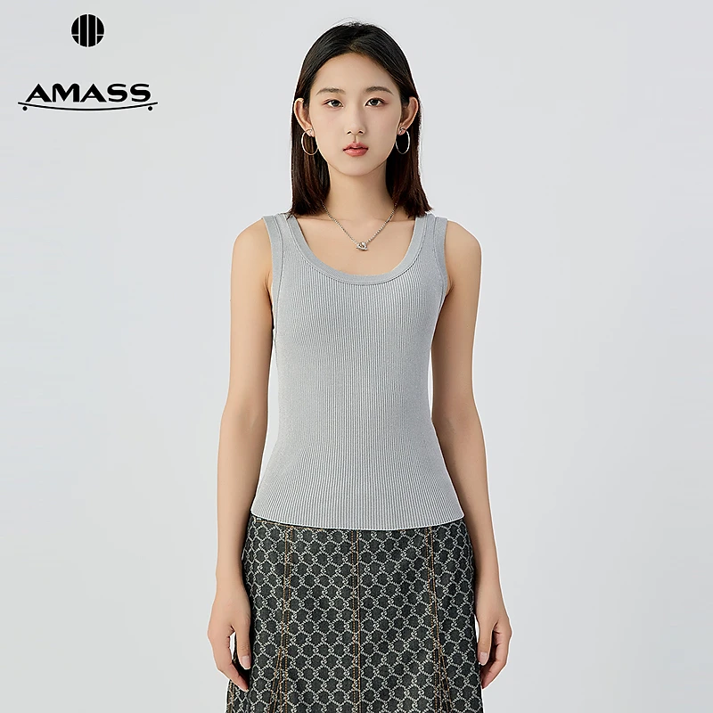 阿玛施AMASS夏季新款女装简约舒适金银丝竖坑纹U领针织背心538074