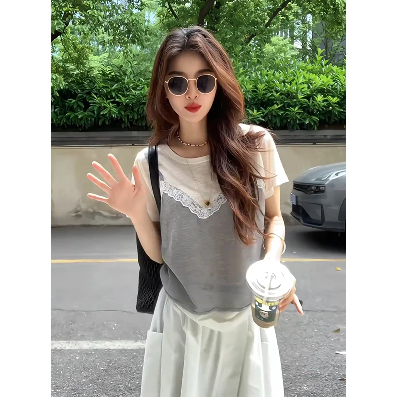 蕾丝吊带拼接假两件爱你短袖T恤女夏季设计感宽松超火减龄上衣ins