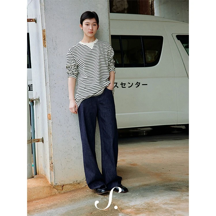 shyshy“船长蓝直筒牛仔裤”静谧藏蓝色宽松挺阔直筒休闲牛仔裤