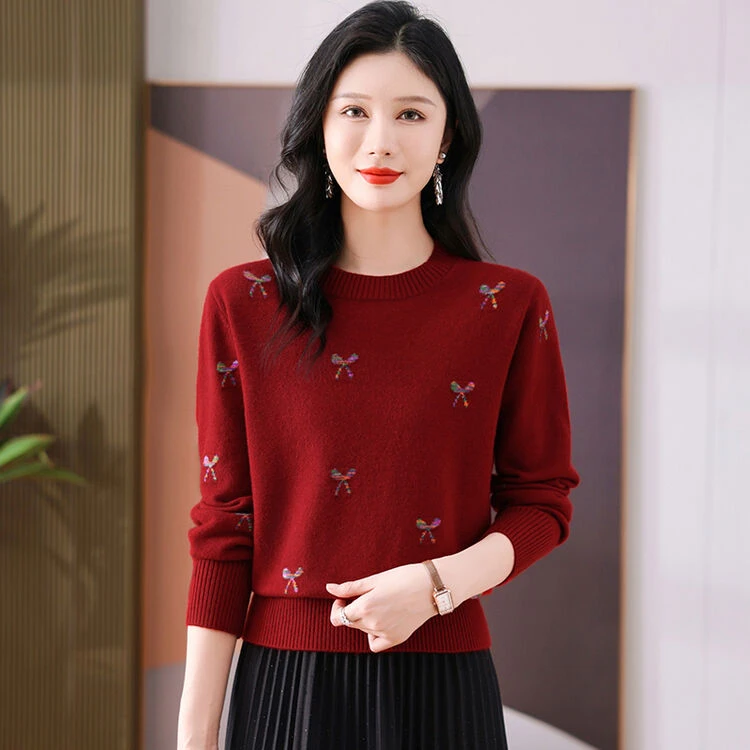 红色绣花毛衣女春秋2025新款外穿宽松显瘦气质圆领短款针织打底衫