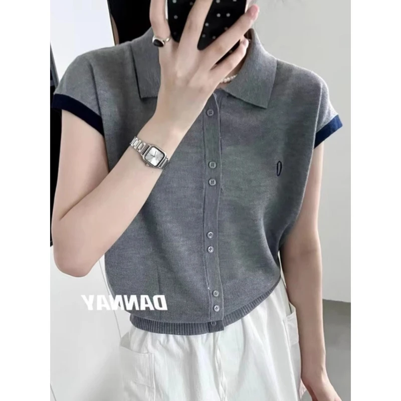 流行搭配polo领包袖针织短袖夏装时尚t恤软糯百搭冰丝上衣薄体恤