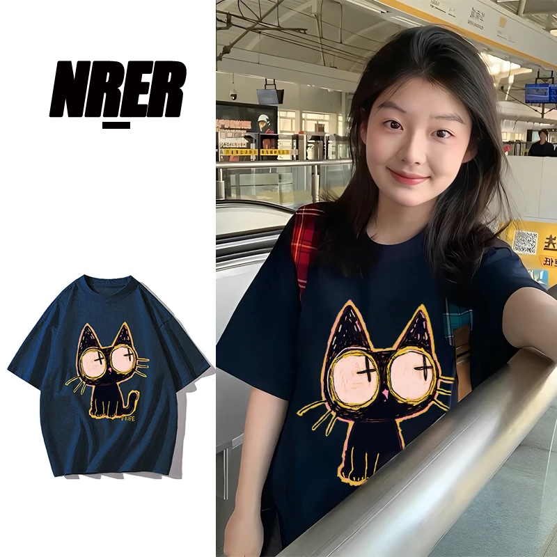NRER夏季新款小众独特别致设计感百搭圆领短袖上衣减龄印花T恤女