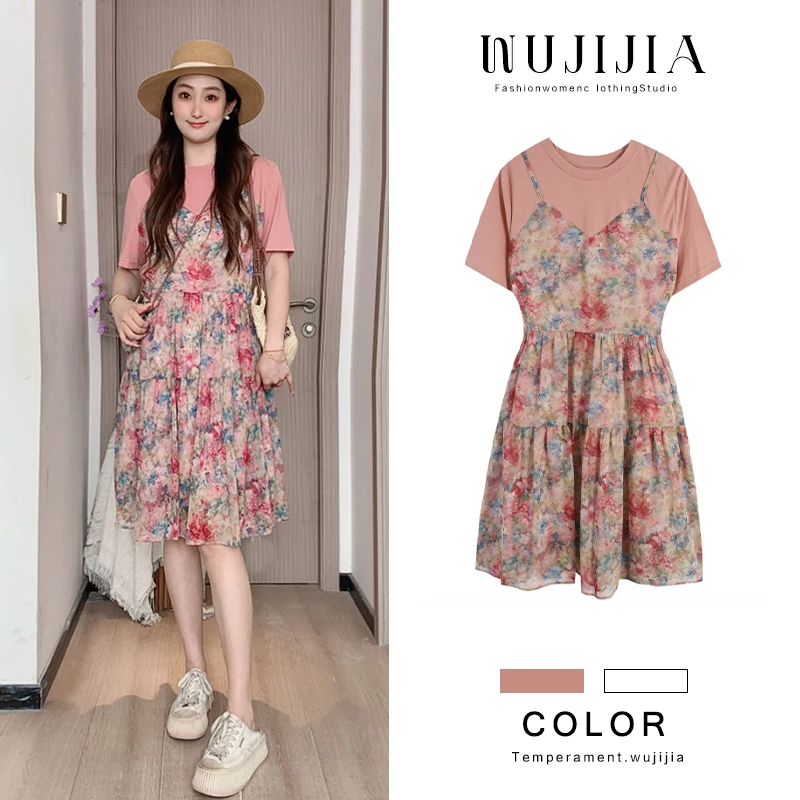 五季家夏季显瘦时尚收腰减龄碎花色连衣裙大码女装思思ZL109726