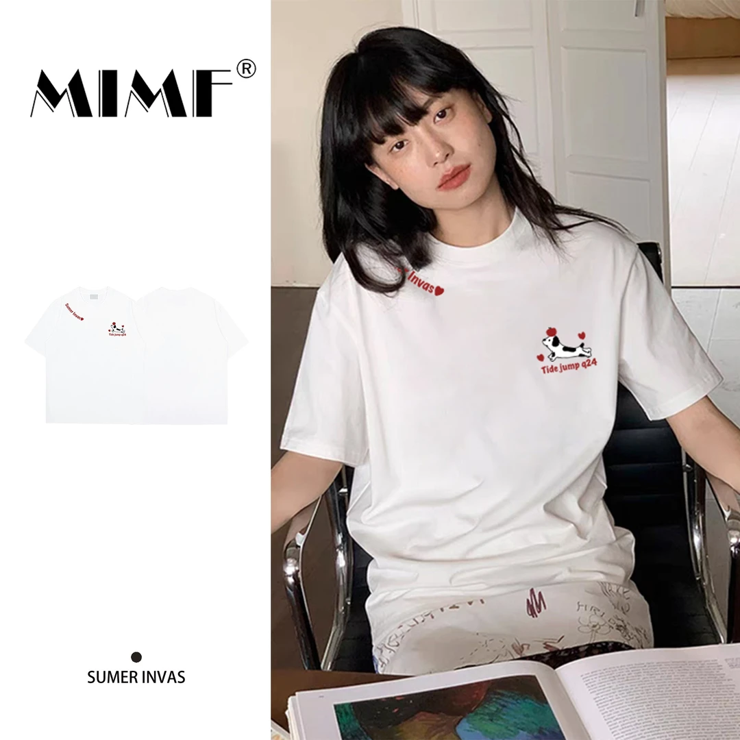 白色半袖时尚装设计感卡通印花短袖T恤休闲装上衣短袖T恤女装宽松