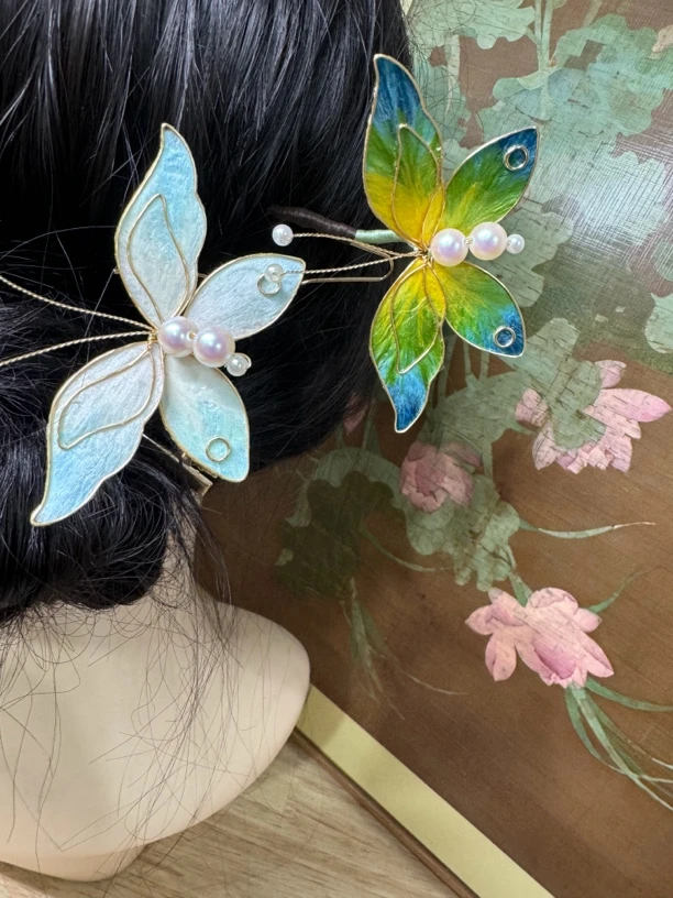 江南浔汉服头饰古风饰品 绒花掐丝蝴蝶