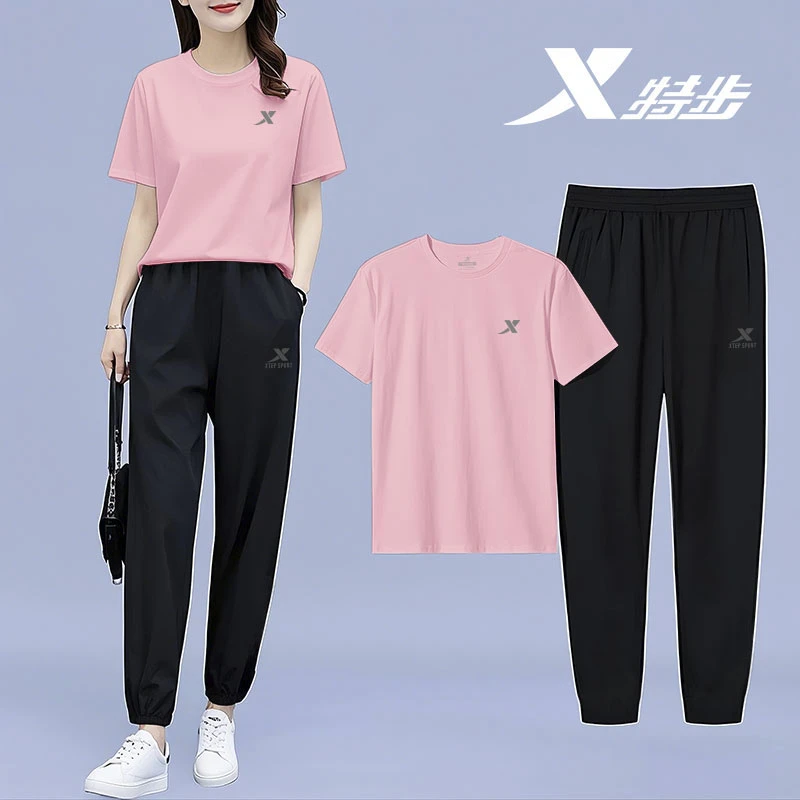 特步女士套装女休闲夏装2025夏季新款透气速干短袖长裤运动套装女