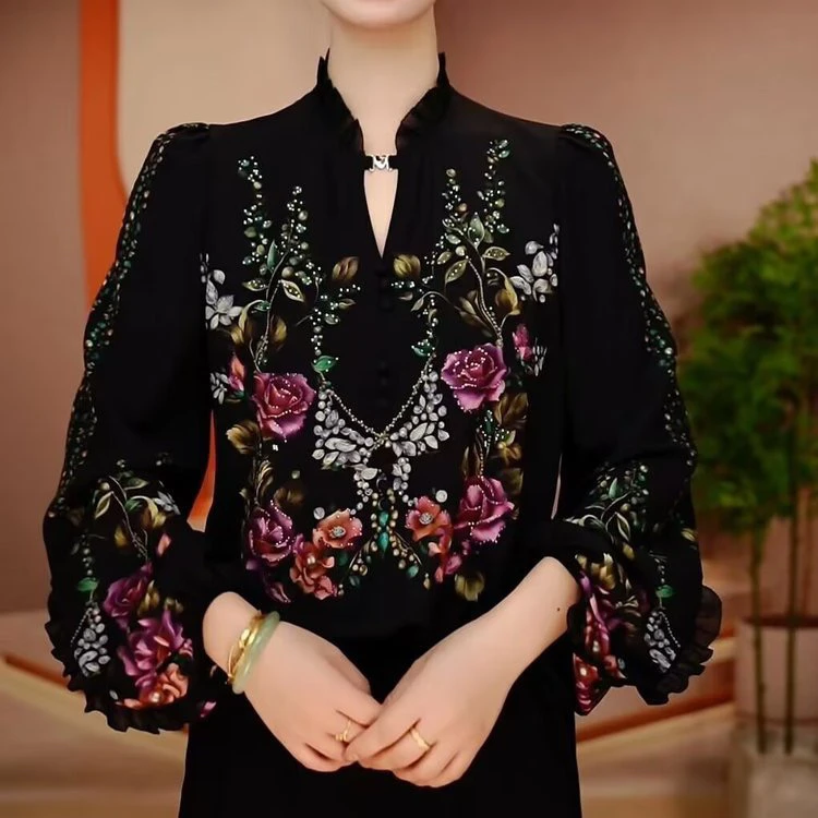 2025春夏新款琉璃双皱丝洋气时尚百搭显瘦气质印花女士长袖上衣