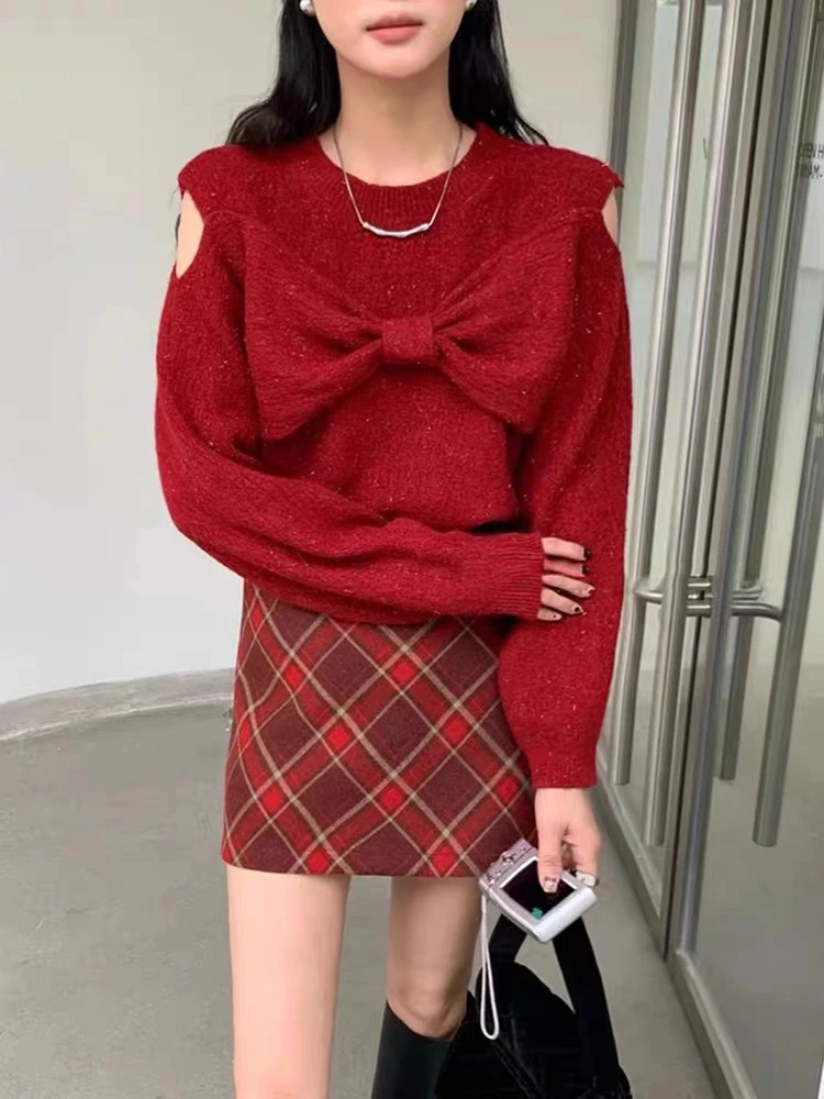 那简家【现货】厚款特色前后蝴蝶结设计小漏肩细闪针织上衣