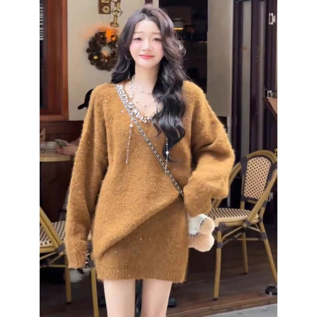 美拉德穿搭钉钻V领针织上衣半裙女装2025秋冬新款高级感休闲套装