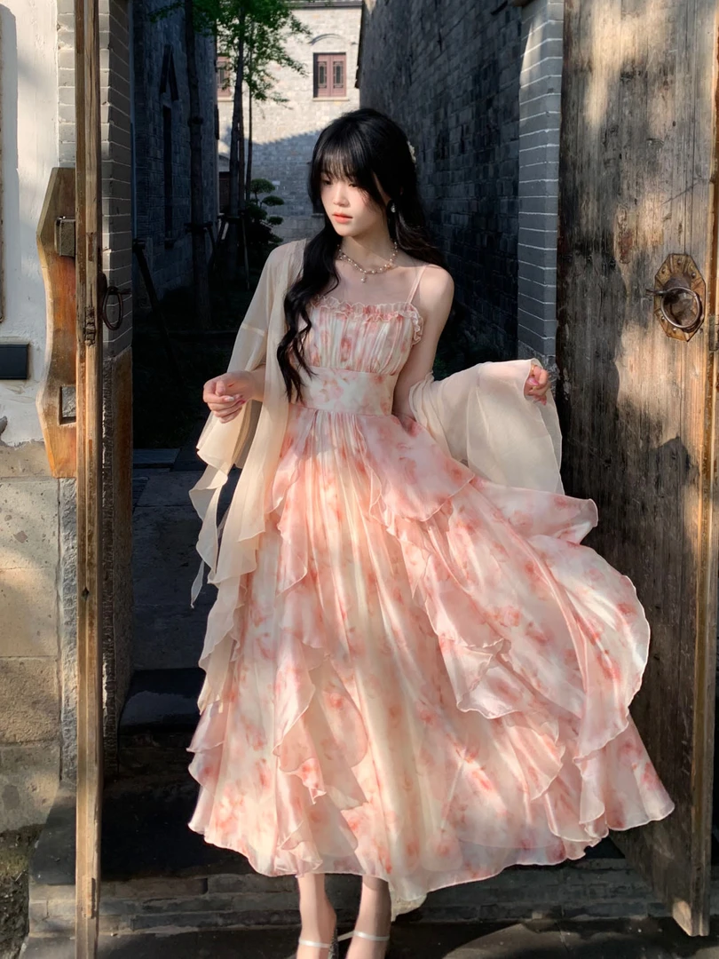 ‘’双11‘’夏季印花收腰显瘦荷叶边吊带长裙连衣裙女防晒开衫两件套