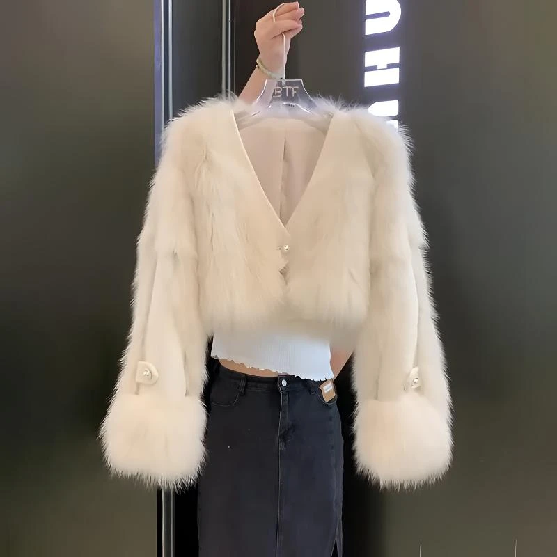 V领小高腰短外套女冬新款小个子时尚百搭气质皮毛一体舒适30282#