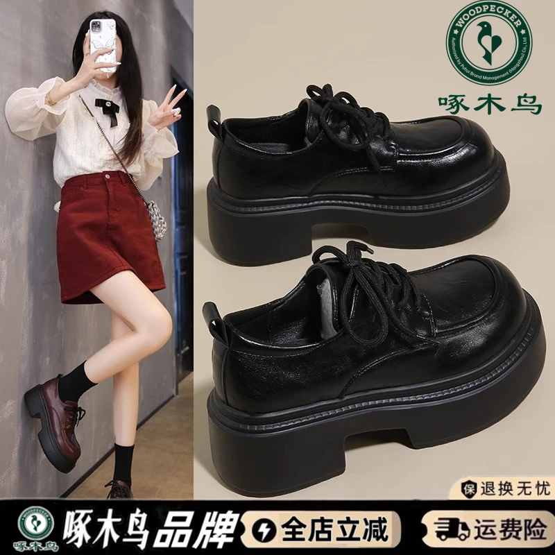啄木鸟系带皮鞋女2025新款复古英伦风厚底乐福鞋百搭日系增高单鞋