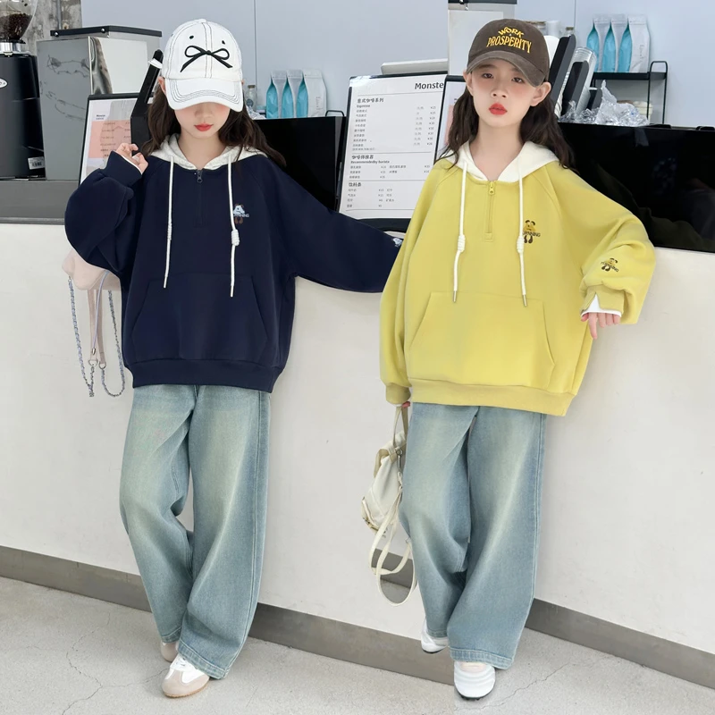 女童套装春秋款2025新款韩版洋气连帽卫衣中大童休闲牛仔裤两件套