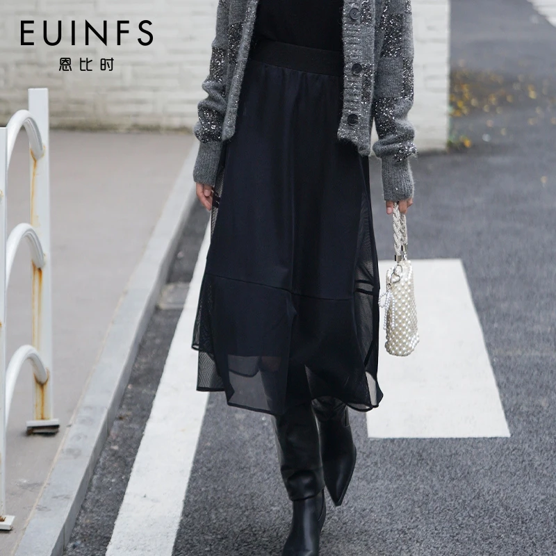 恩比时网纱黑色半身裙初春新款松紧腰拼接A字长裙E203001
