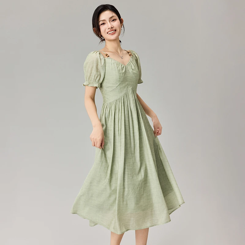 夏装新品法式绿色仙女连衣裙复古夏季女装气质修身中长款60151