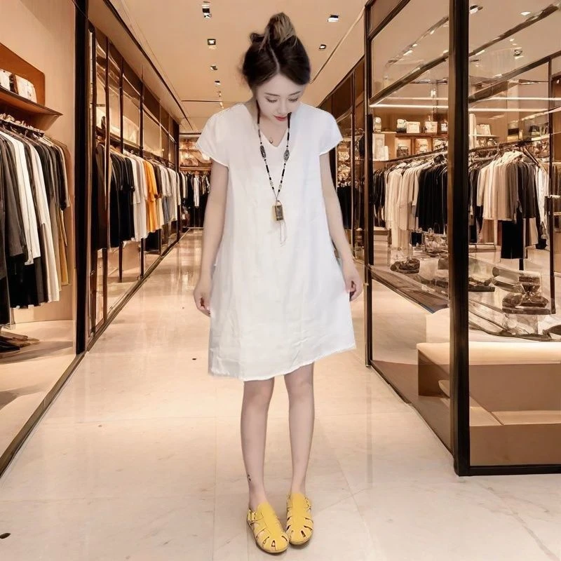 显瘦短袖宽松2025连衣裙麻裙美背蝴蝶结夏季新款时尚韩版休闲遮肉