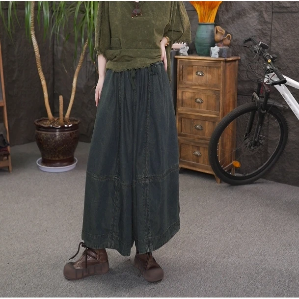 夏季新款复古砂洗炒彩做旧休闲宽松麻牛仔裤裙大码女