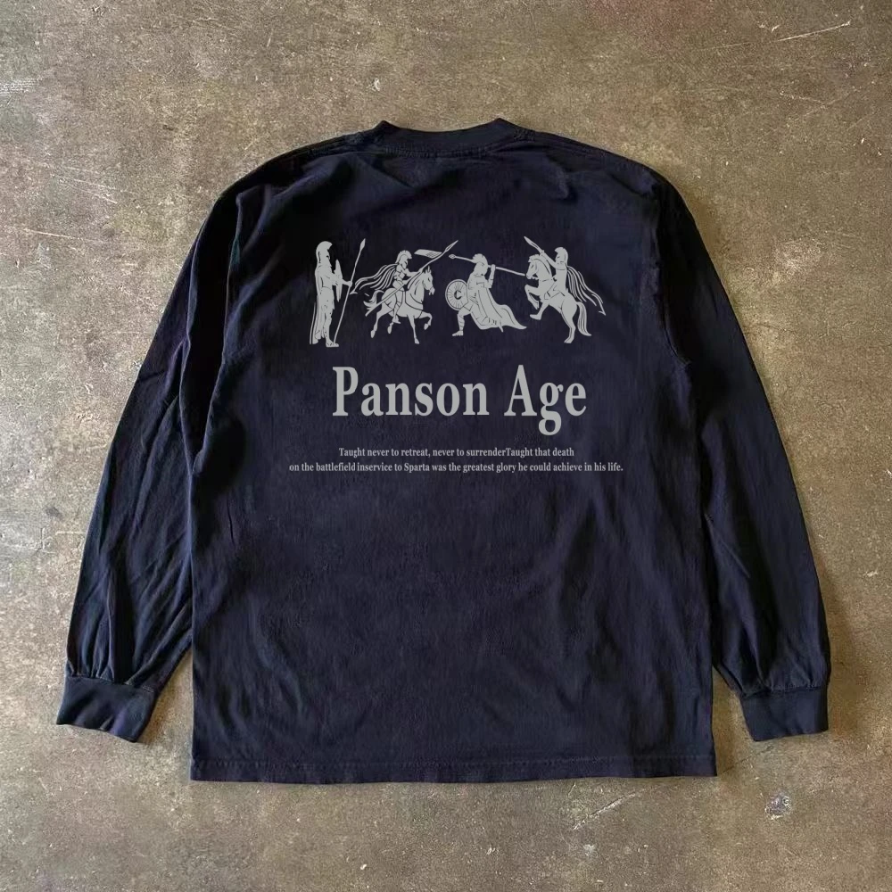 美式复古斯巴达兵马印花潮牌圆领情侣长袖T恤男女大码宽松上衣衫