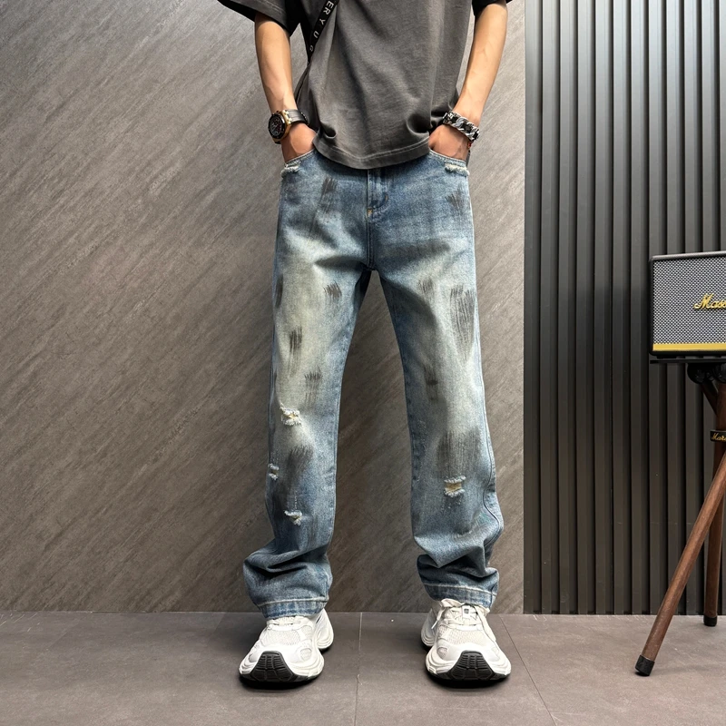 DAFIFY牛仔裤复古秋季潮流直筒baggy涂鸦复古涂鸦直筒男士牛仔裤