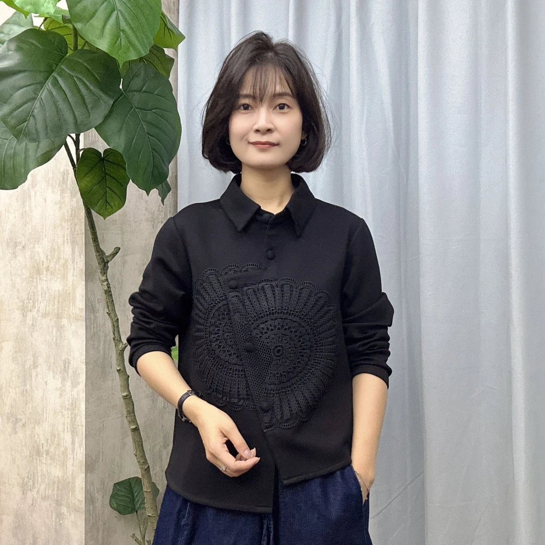 8893秋季针织拼接花边百搭成人长袖通勤风衬衣上衣时尚休闲套头