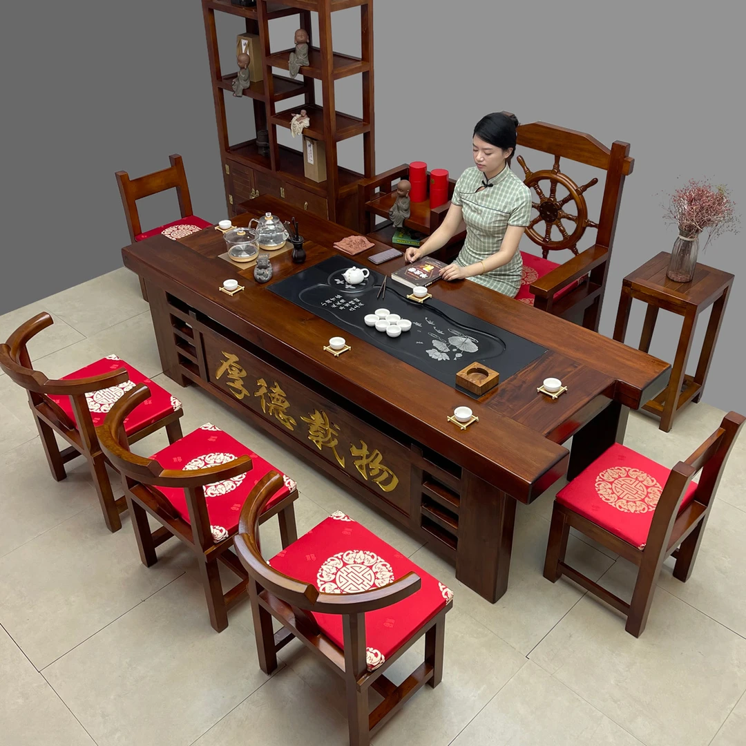 老船木茶桌椅组合一桌五椅实木功夫茶台茶具烧水壶一体办公室高端