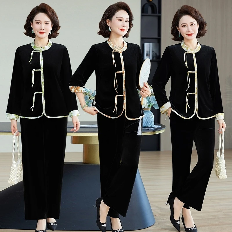 妈妈春秋金丝绒套装时尚洋气中老年女装新中式国风上衣唐装两件套