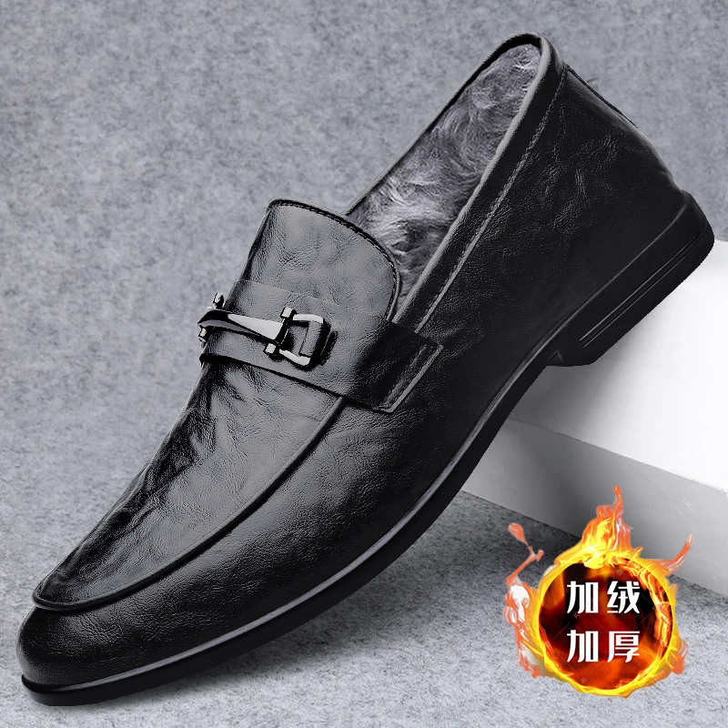 皮鞋男款秋冬加绒保暖时尚百搭软底休闲男鞋一脚蹬潮流商务驾车鞋