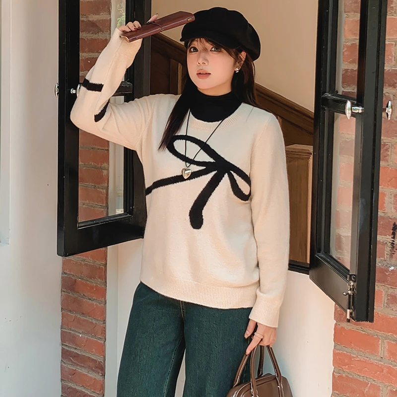 清*大码设计感蝴蝶结刺绣针织衫2024冬胖mm宽松慵懒毛衣
