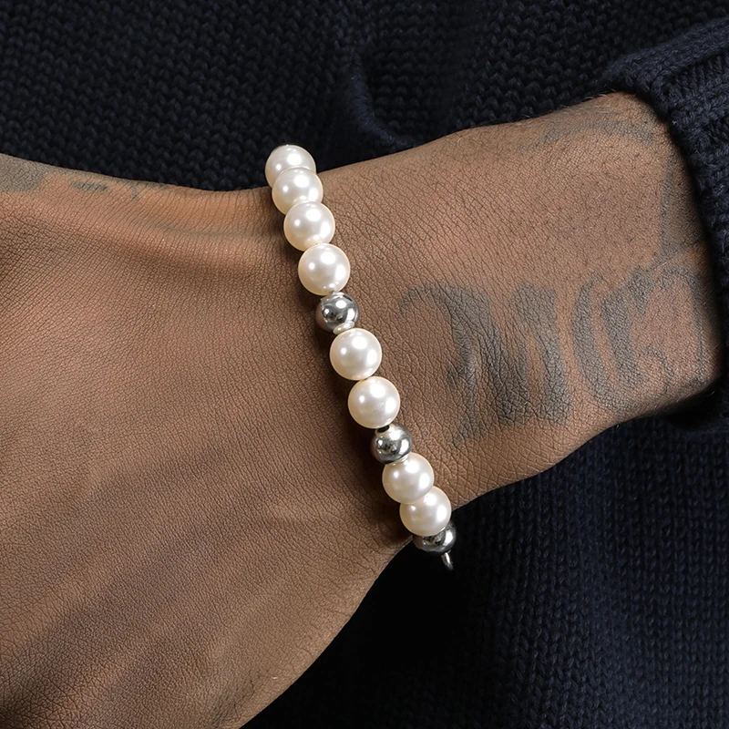 钛钢仿珍珠手链 原创黑石手链男嘻哈潮流手串珠手饰女高级感