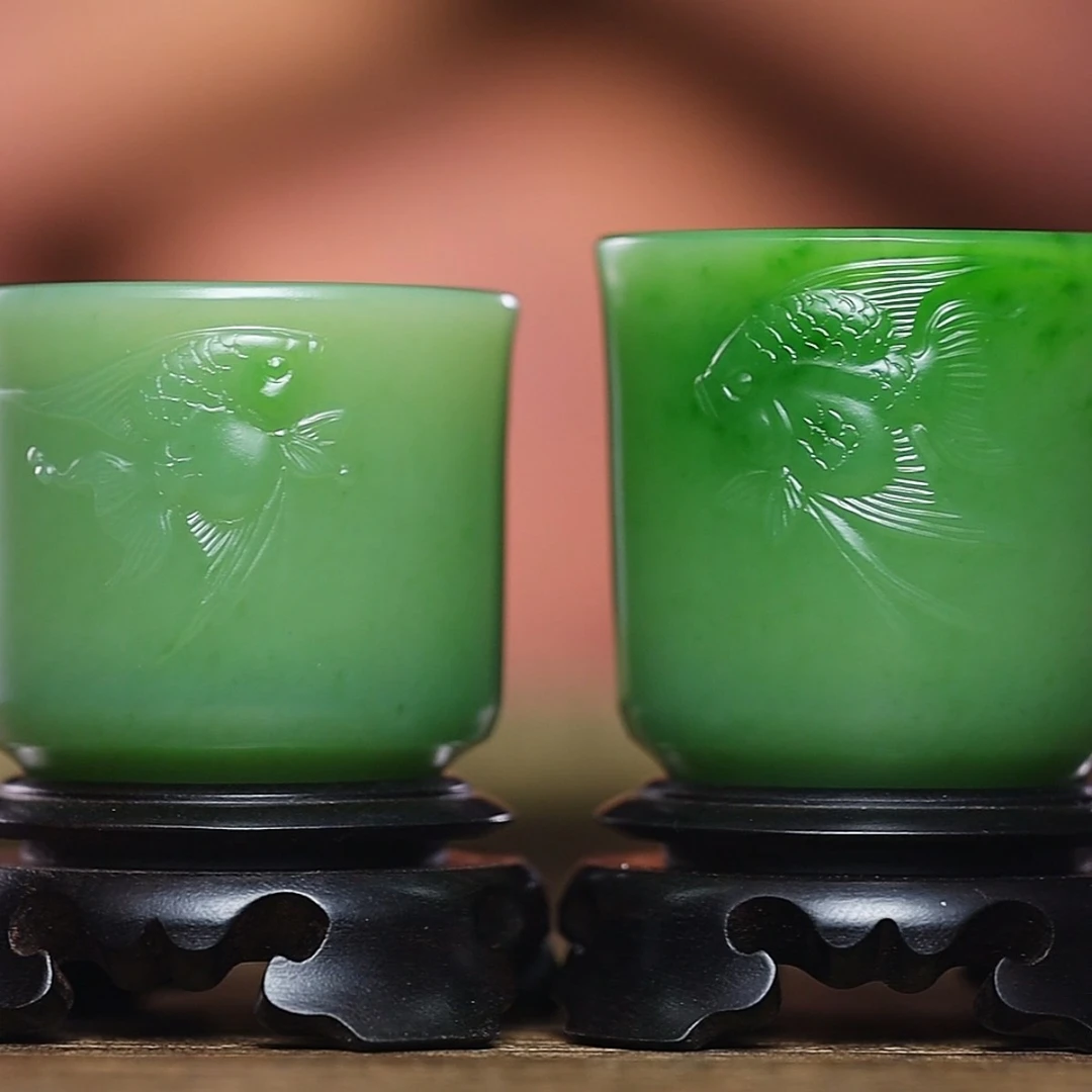 精美和田玉俄碧主人杯对杯·神仙眷侣