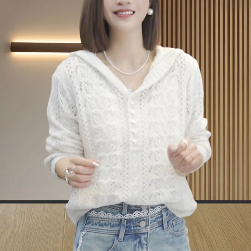 长袖女款连帽针织衫爆款2026春秋新款轻奢高感级小众镂空毛衣时髦